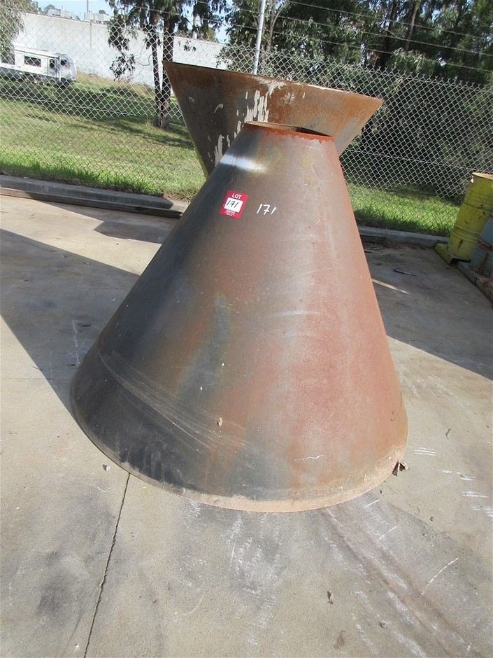 2 x Steel fabricated cones, 5mm plates, 1800mm to 400mm (D), 1500mm (H