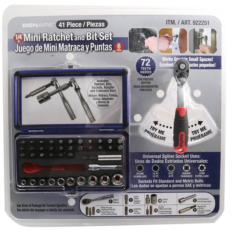 BONAIRE 41pc Mini Ratchet & Bit Set, 1/4ins Drive, Socket Sizes 4mm to