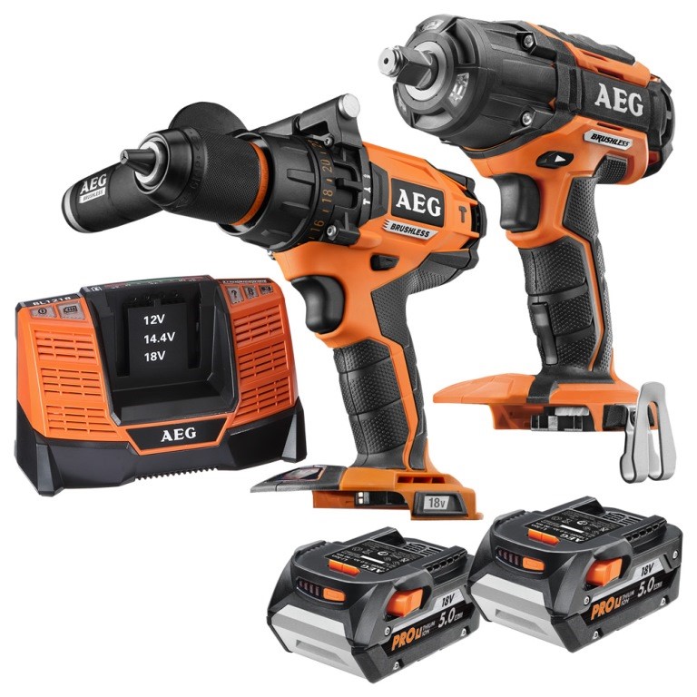 AEG 2pc 18V Brushless Combo Kit Comprising Hammer Drill, Impact Wrench