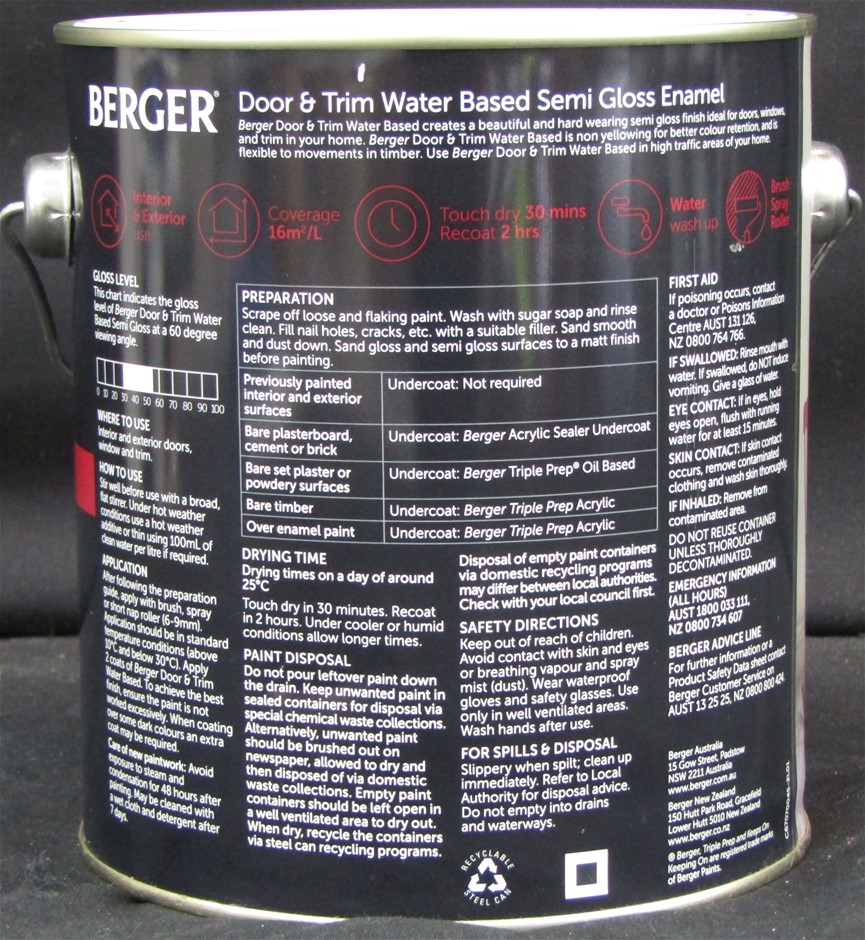 Paint, Berger, Door & Trim SemiGloss Enamel, 2Litres, White. Auction