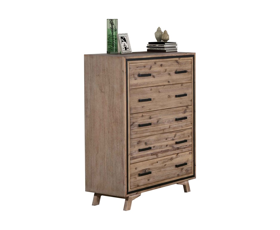 Tallboy with 5 Storage Drawers Acacia Wooden Frame in Silver Brush Colour