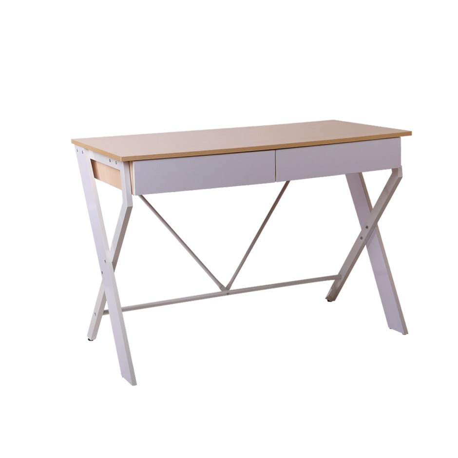 Artiss Metal Desk with Drawer - White with Oak Top