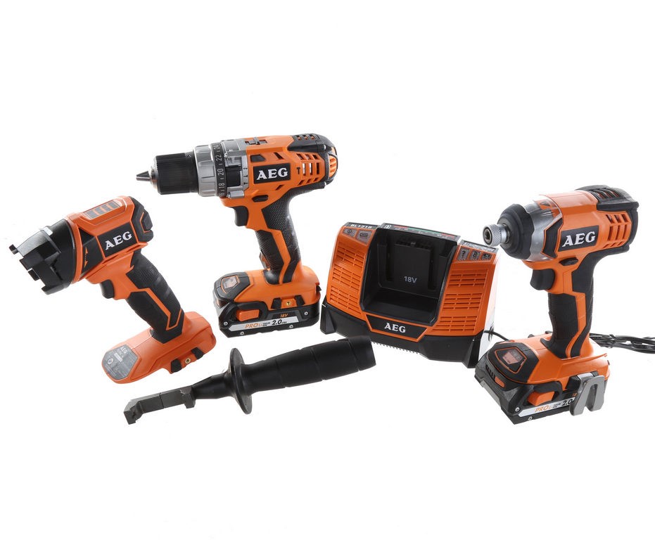AEG 3pc 18V Drill Kit c/w Hammer Drill, Driver, LED Light, 2 x 2.0Ah
