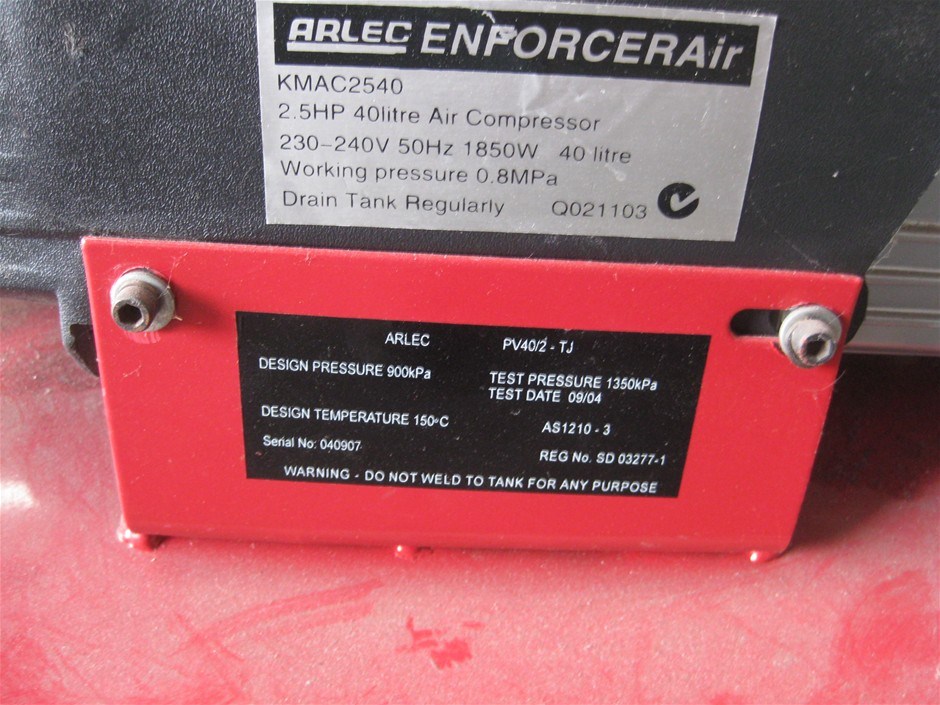 Arlec Enforcer 2.5hp 40 litre air compressor Auction (00133111556