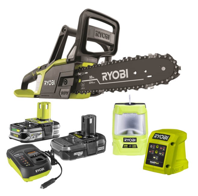 Ryobi Camping Combo Kit Comprising 18v Light Weight Chain Saw, 12v Car 