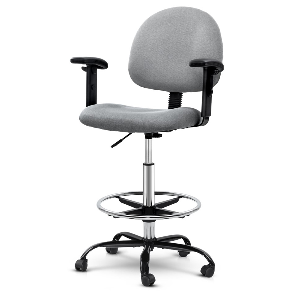 Artiss Office Chair Veer Drafting Stool Fabric Adjustable Armrest Grey