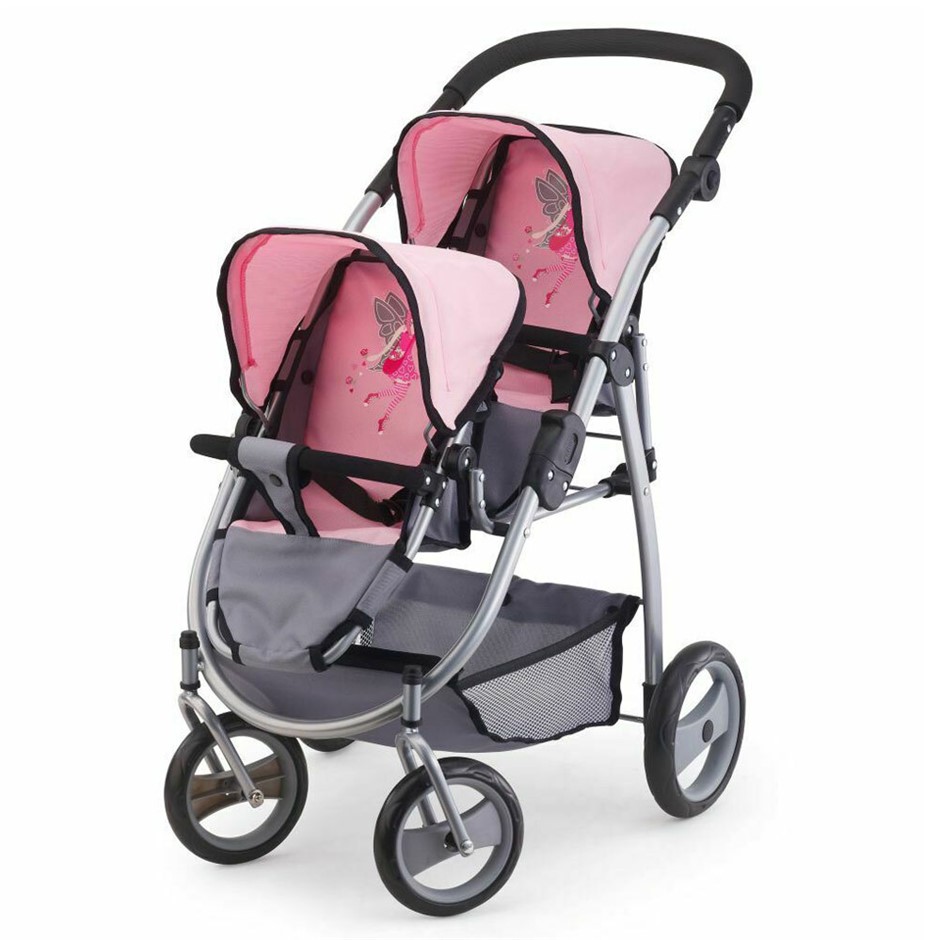 Bayer 73cm Twin Tandem Doll Pram Pink & 