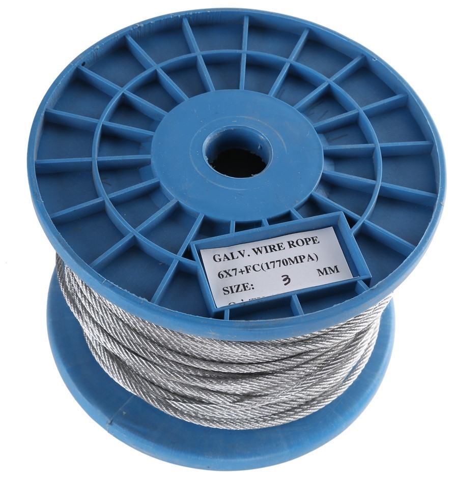 Reel 100M x Galv. Wire Rope 3mm dia., Construction 6x7 FC. Buyers Note