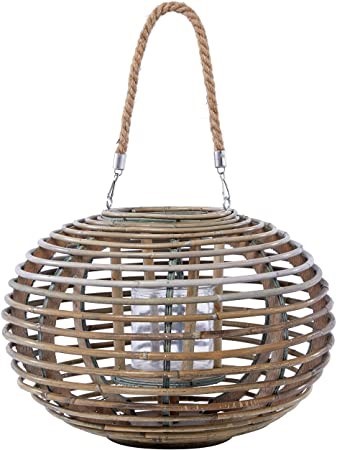 DARLIN Natural Rattan Cane Round Lanterns (L),  38 x 38 x 28cm, Includes Gl
