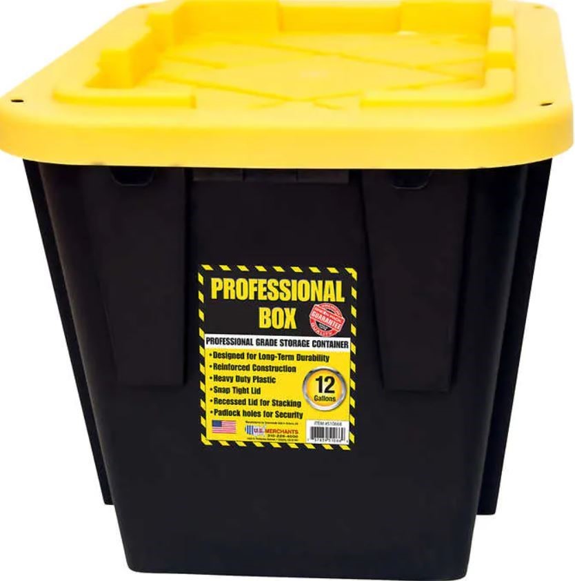 PROFESSIONAL BOX Storage Box w/ Lid, Black & Yellow, 12 Gallons. (SN