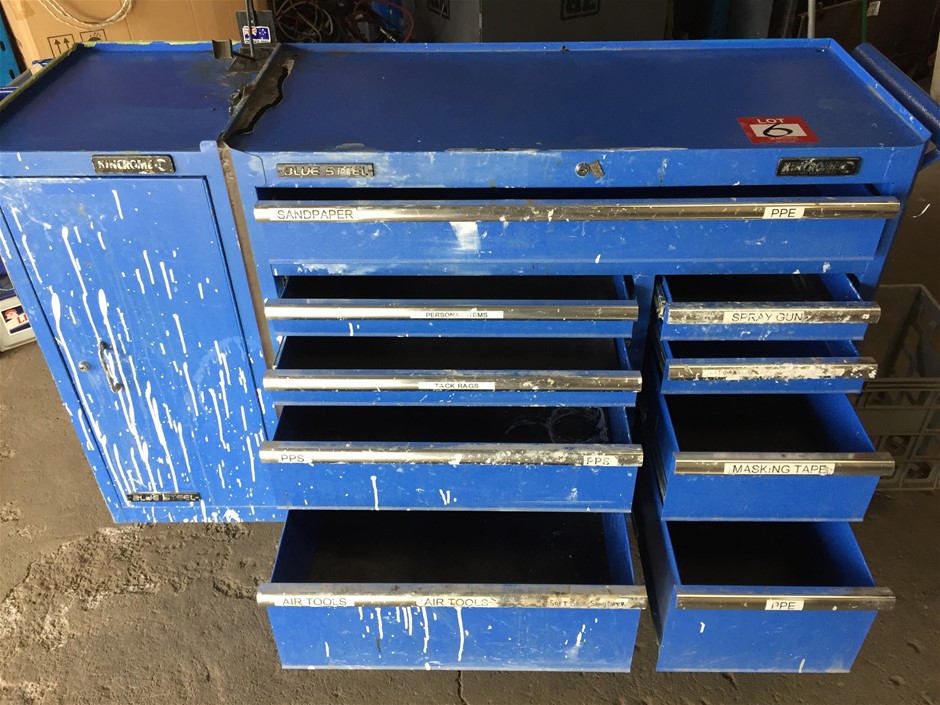 Kincrome tool box, 9 draw + side cabinet. 1450mm W x 460mm D x 970mm H ...