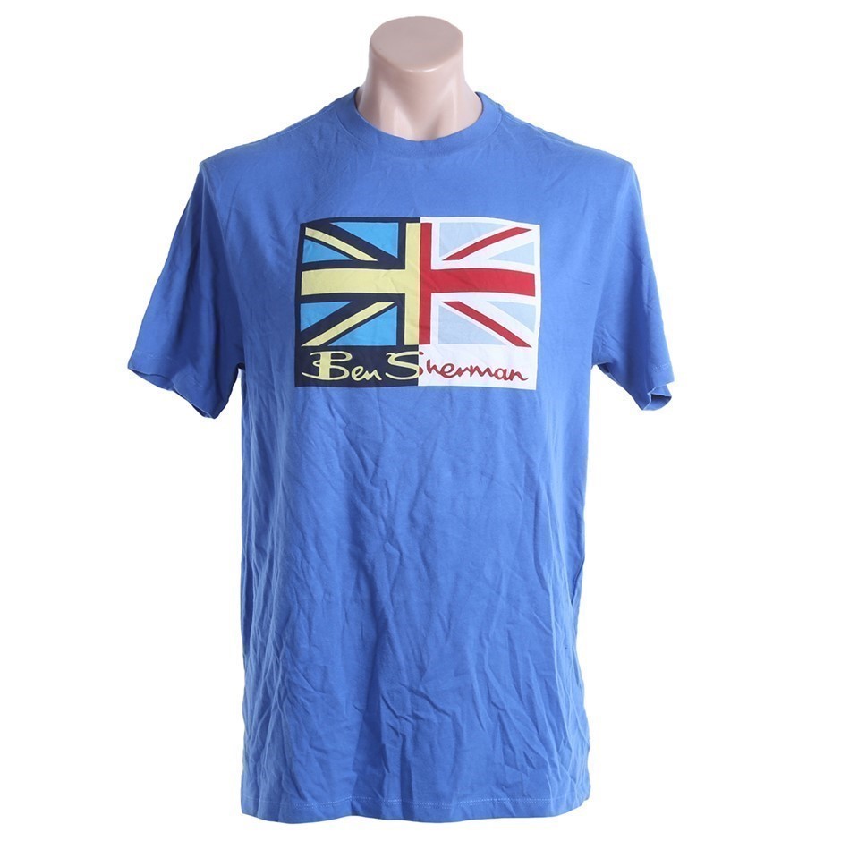 BEN SHERMAN Men's Spliced Flag Tee, Size XL, Cotton, Light Blue. Buyers No