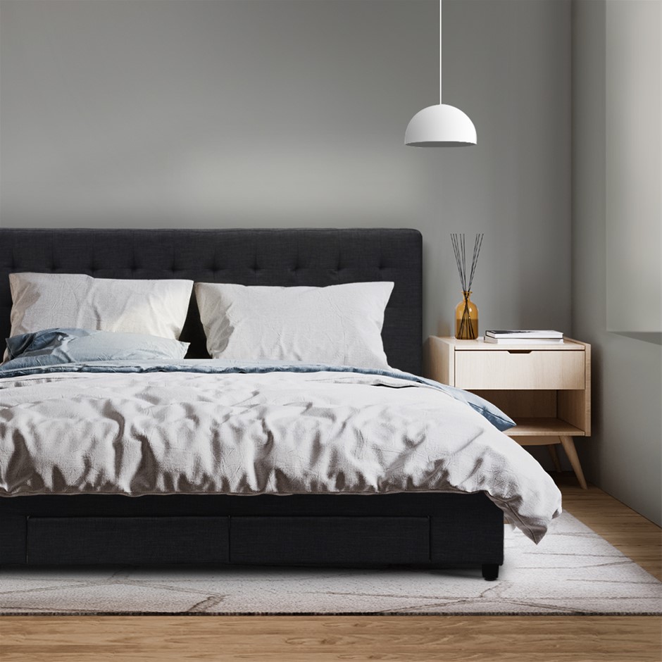 Artiss King Size Fabric Bed Frame Headboard with Drawers - Charcoal