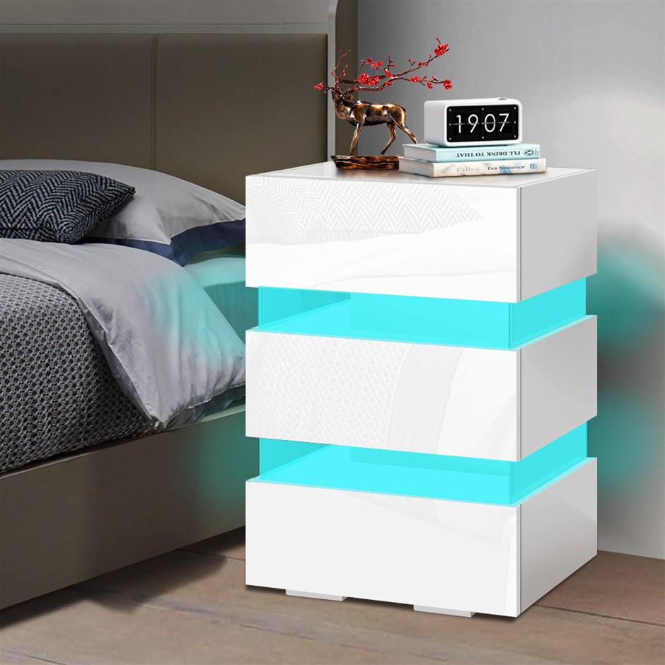 ALFORDSON Bedside Table RGB LED Nightstand 3 Drawers High Gloss White