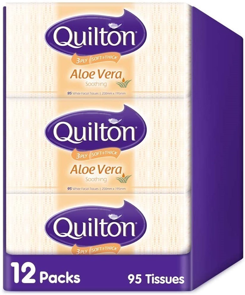12 x QUILTON 110pk Aloe Vera & Vitamin E Facial Tissues, 3 Ply. Auction