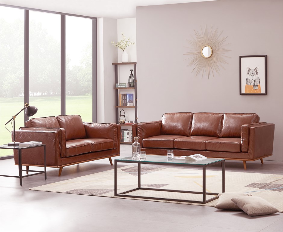3+2 Seater Sofa Brown Leather Lounge Set