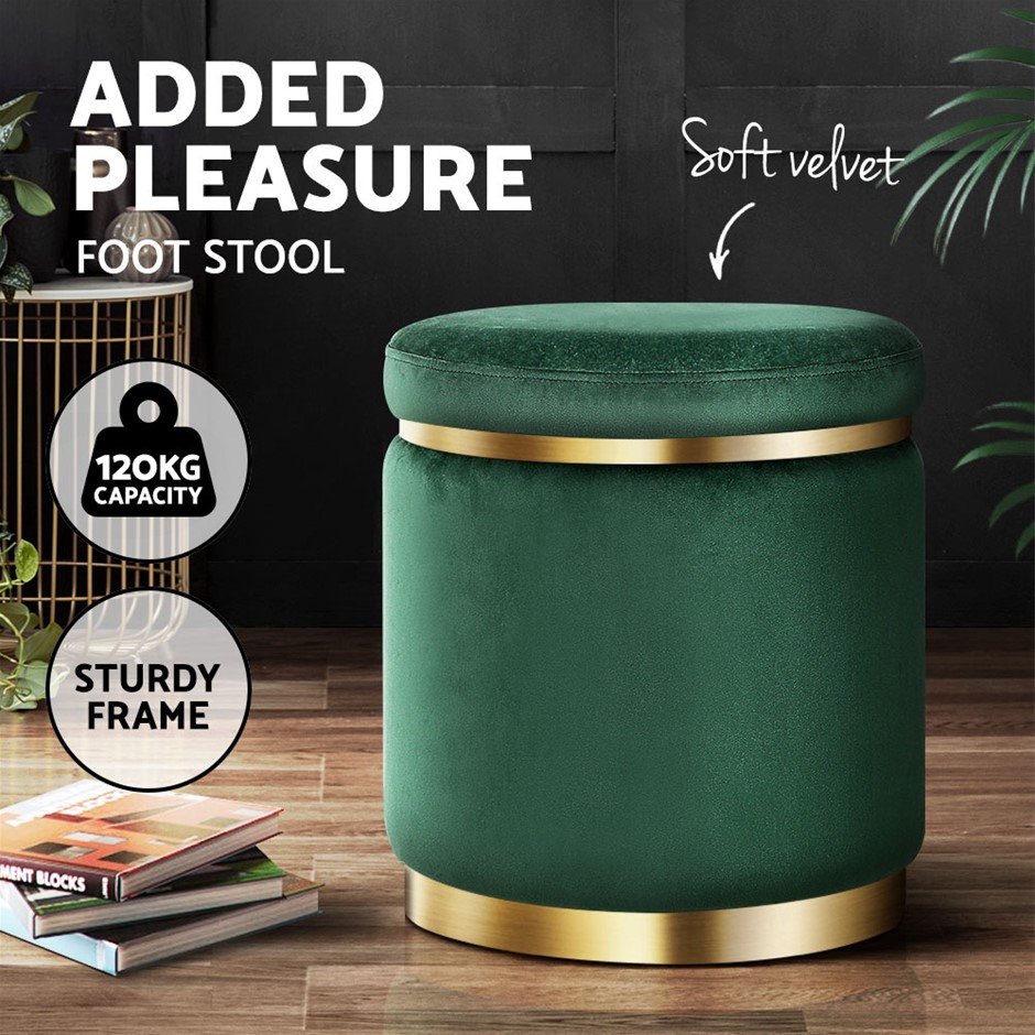 Buy Round Velvet Ottoman Foot Stool with Storage Green Gold
