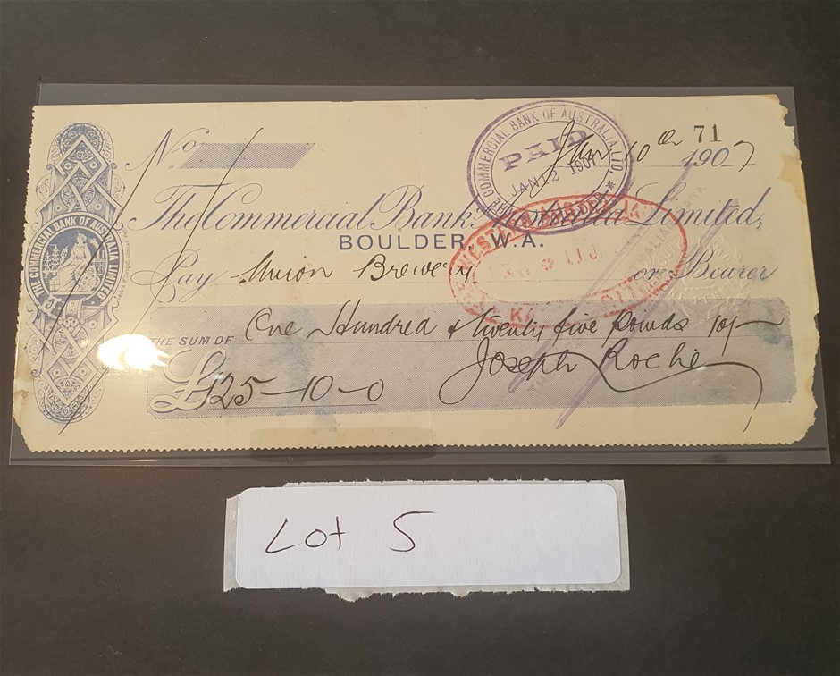 1907 Bank Of Australia Cheque Auction (0078-7043213) | Grays Australia