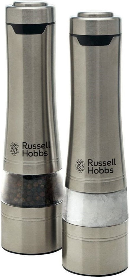 2 x RUSSELL HOBBS Salt & Pepper Mills, Brushed Stainless Steel. NB: One Min