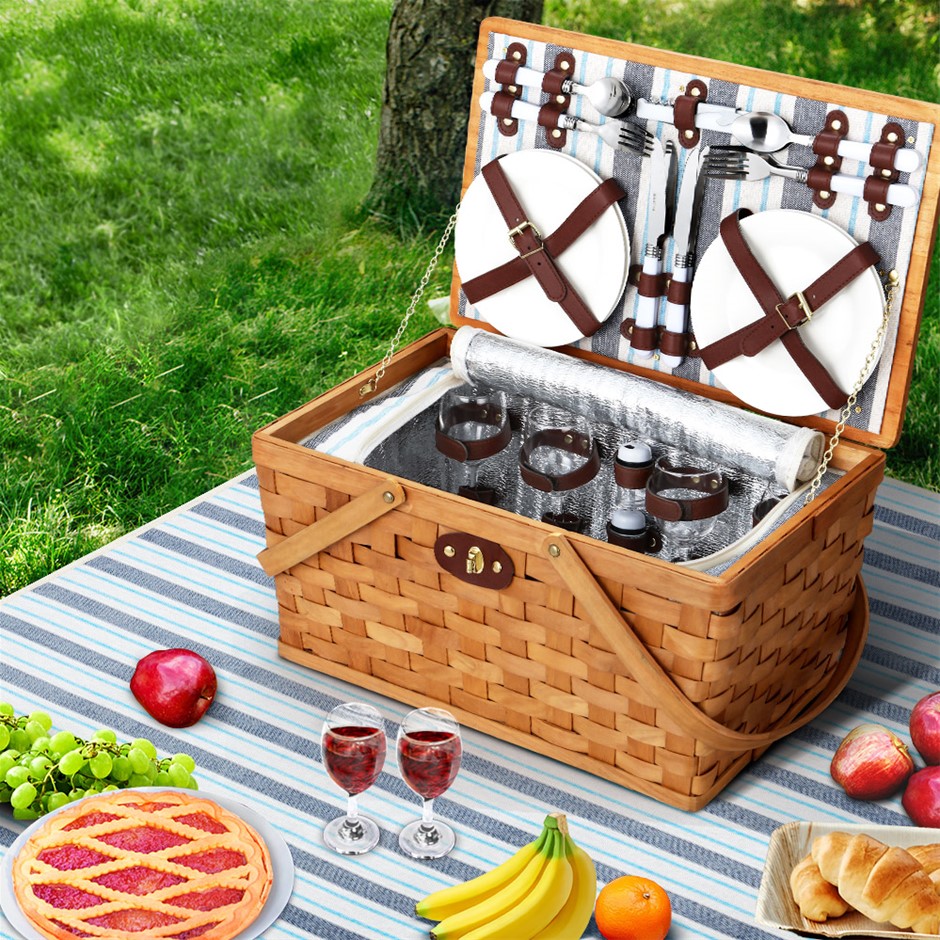 Alfresco Picnic Basket Set Wooden Cooler Bag Person Insulated Liquor