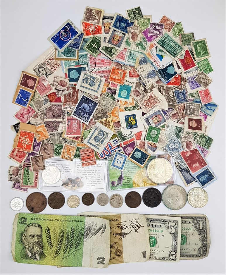 Tin Bulk Lot of Stamps, Banknotes, Round 50c siver coin etc Auction