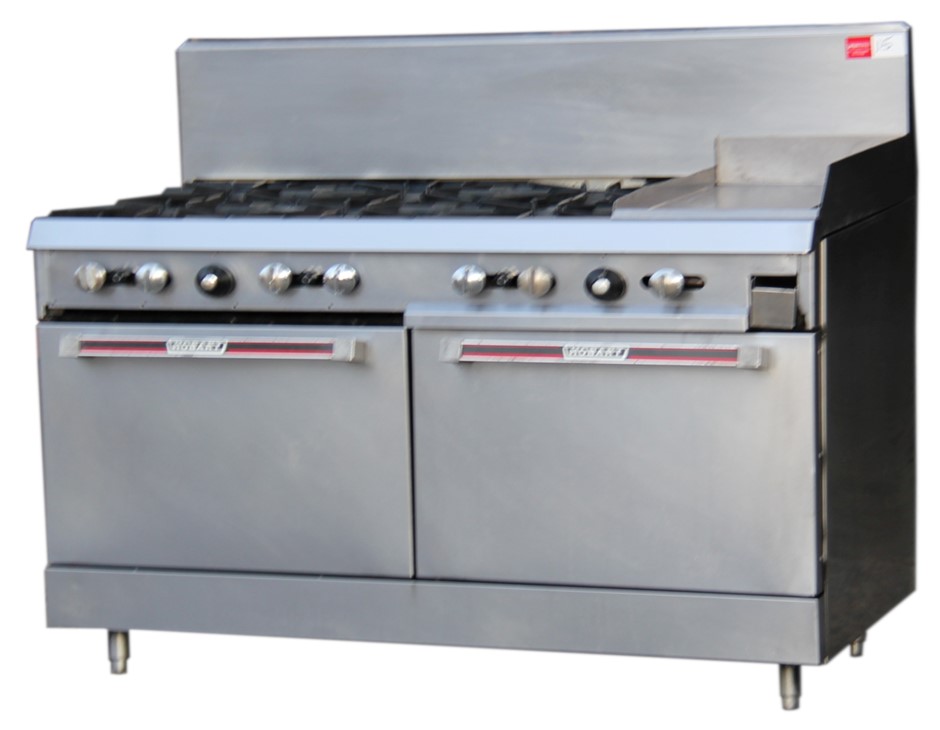 HOBART GAS 6 BURNERS STOVE/300 HOT PLATE WITH DOUBLE OVENS. Auction