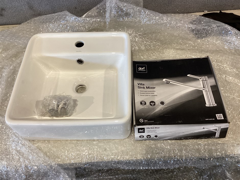 Caroma Carbon 2 Above Counter Basin With Dorf Villa Sink Mixer Tap