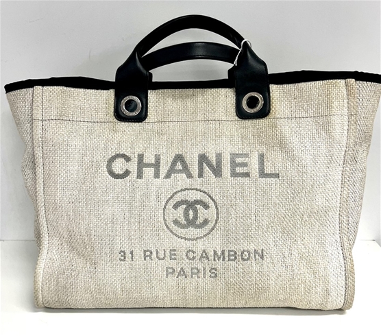Chanel Deauville Grey Tweed Cloth Tote, grey tweed with black textile trim  Auction (0032-2553092)