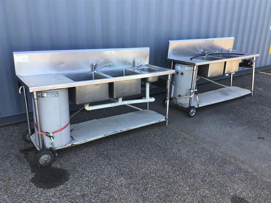 2 x Stainless Steel Triple Sink Stations with Hot Water Systems Auction ...