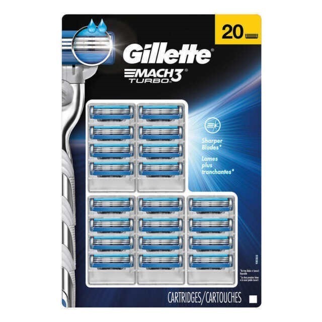 GILLETTE 20pk Mach 3 Turbo Razer Blades Refill. N.B. Damaged packaging. Bu