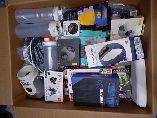 Assorted Brand Techs: FITBIT, JBL, JABRA inside a big box. see image. N ...