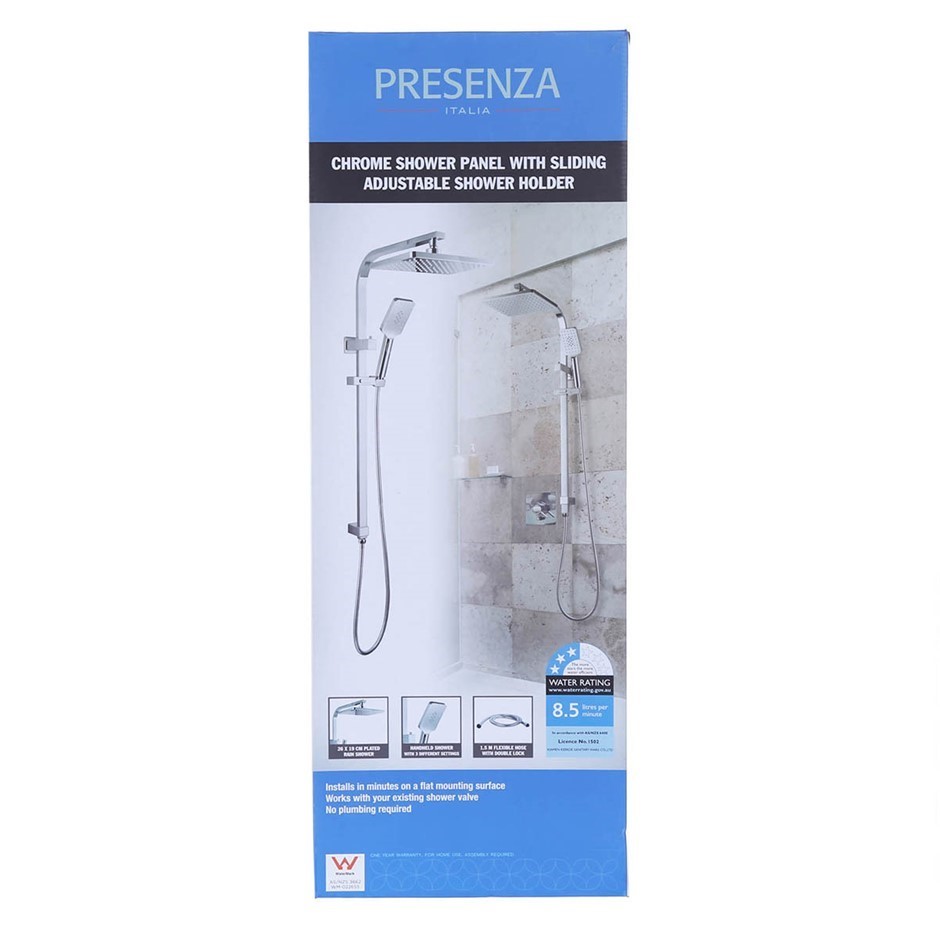PRESENZA ITALIA Chrome Shower Panel with Sliding Adjustable Shower Holder.