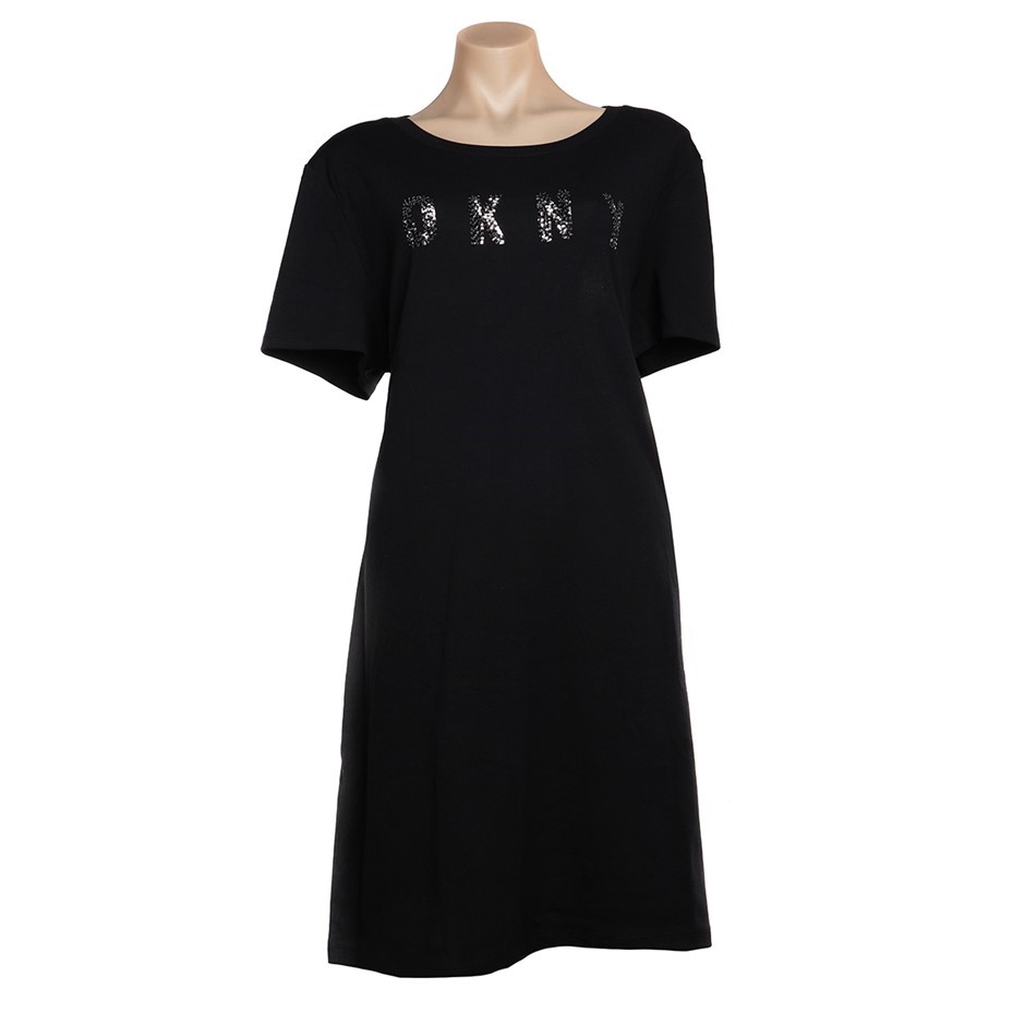 DKNY Women's Sequin Logo Tee Dress, Size XL, 95% Cotton, Black/Silver. Buy