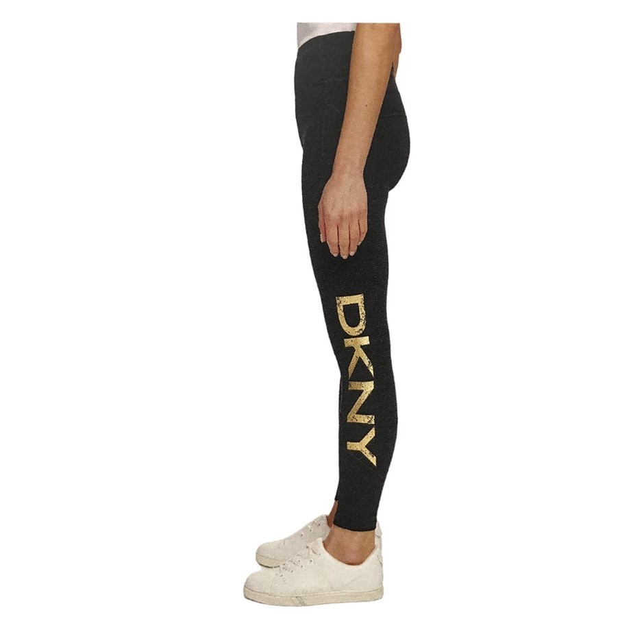 DKNY Women's Distressed Crackle Logo Leggings, Size M, 90% Cotton, Black/Go