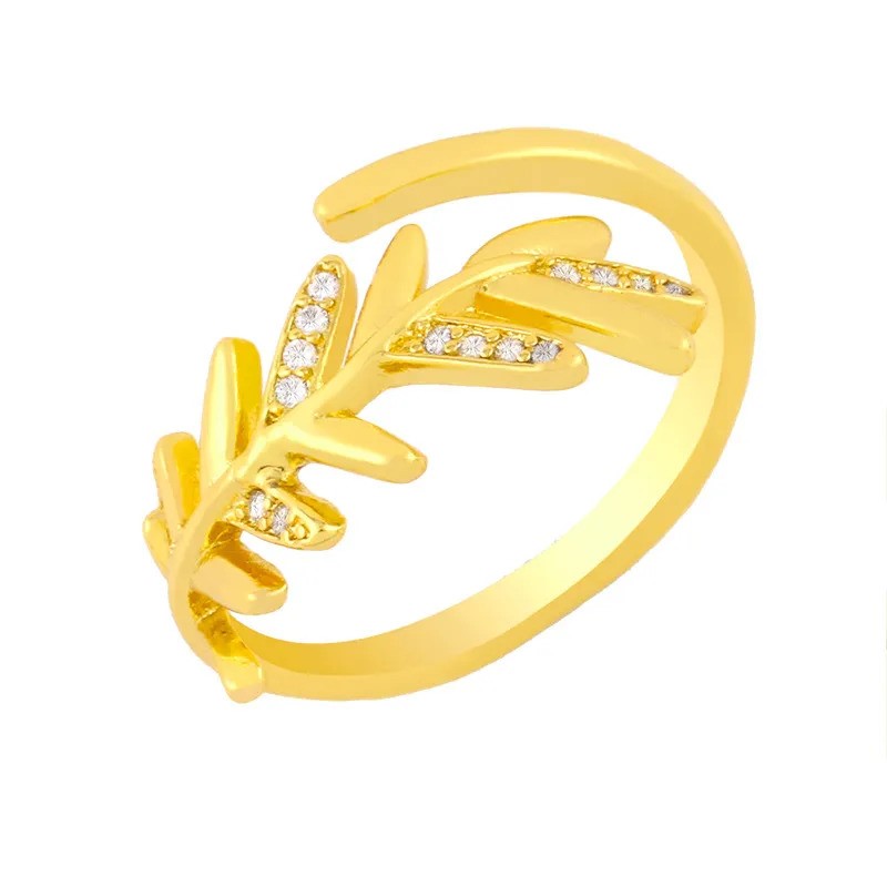 Elegant 18K Yellow Gold Plated Leaf & White CZ Adjustable Ring