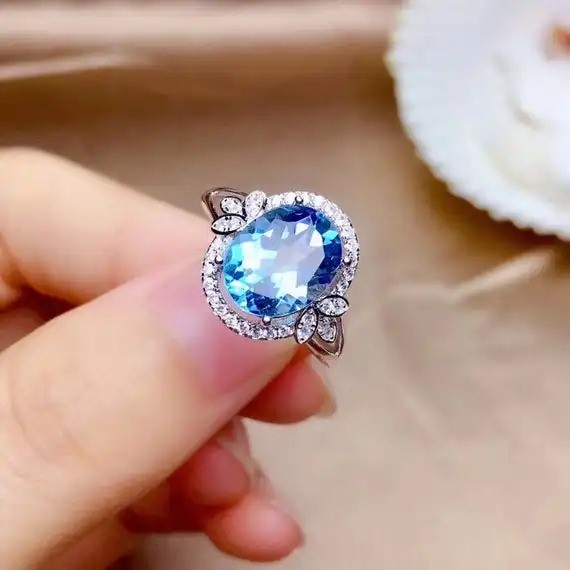 Elegant 18K White Gold plated Simulants Topaz &White CZ Ring size 7