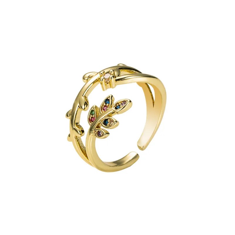 Elegant 18K Yellow Gold Plated Leaf & Colourful CZ Adjustable Ring