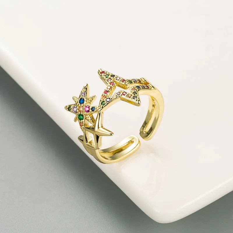 Elegant 18K Yellow Gold Plated Star Colourful CZ Adjustable Ring