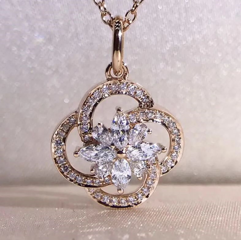 Elegant 18K Yellow Gold plated Flower White Cz Pendant Necklace