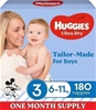 HUGGIES Ultra Dry Nappies Boys, Size 3 (6-11kg),  One Month Supply 180 Coun