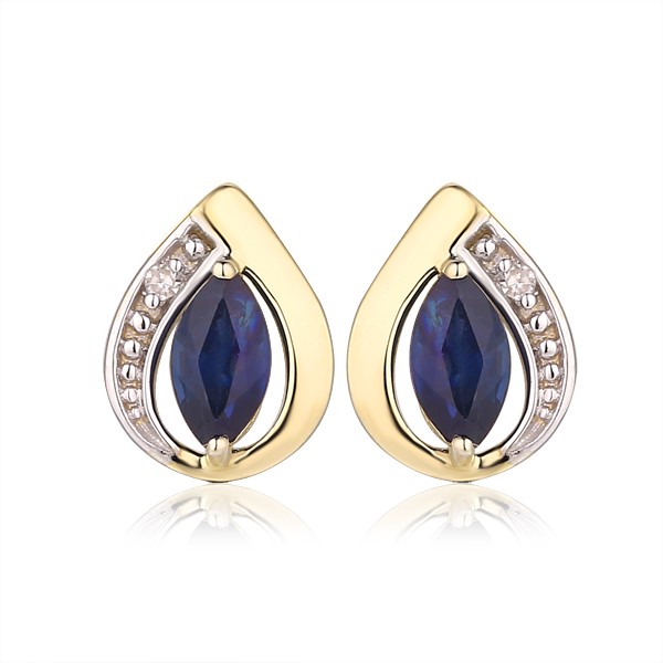 Genuine 9ct Yellow gold Luxury Diamond & Natural Sapphire Studs Earrings
