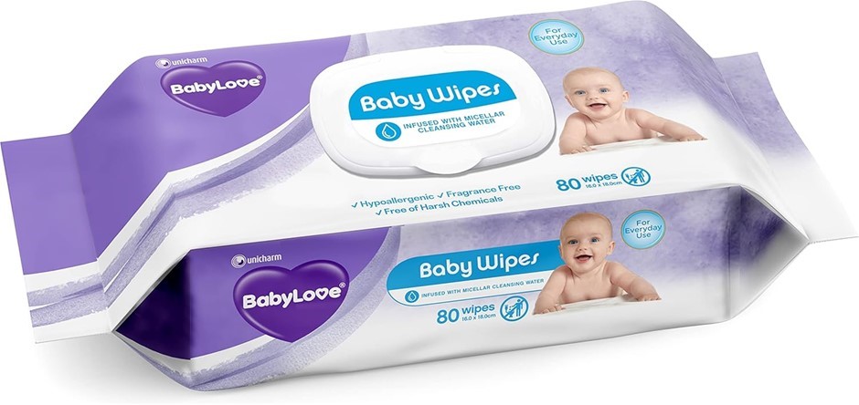 9 x Pack of 80pc BABYLOVE Everyday Fragrance Free Hypoallergenic Wipes.
