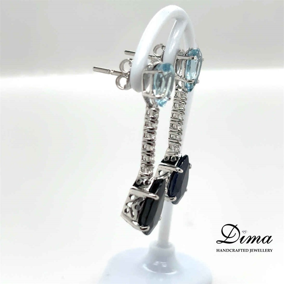 18ct White Gold Sapphire, Aquamarine and Diamond Drop Earrings