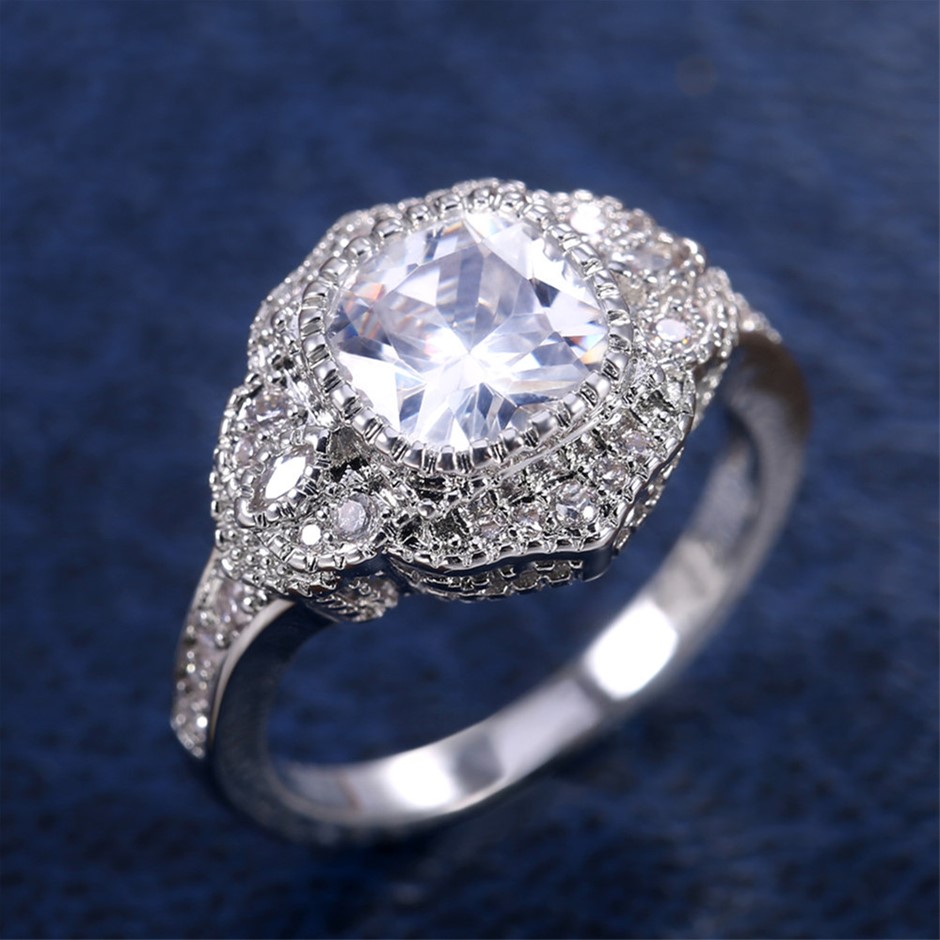 Elegant 18K White Gold plated Simulated Diamond Ring Size 6