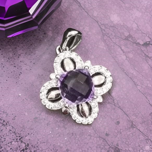 18k White Gold Vermeil 6mm natural Amethyst pendant