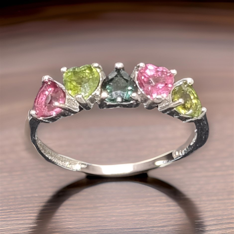 18k White Gold Vermeil4 mm* 5pcs natural Tourmaline adjustable rings