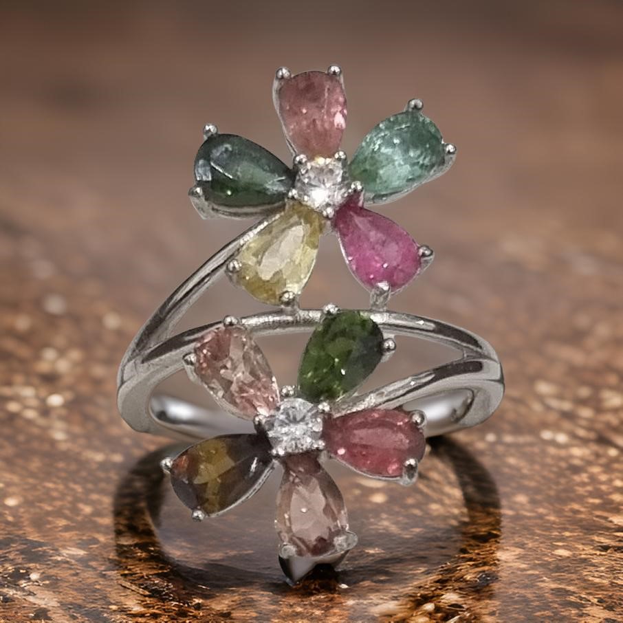 18k White Gold Vermeil 3*5 mm *10pcs natural Tourmaline adjustable rings