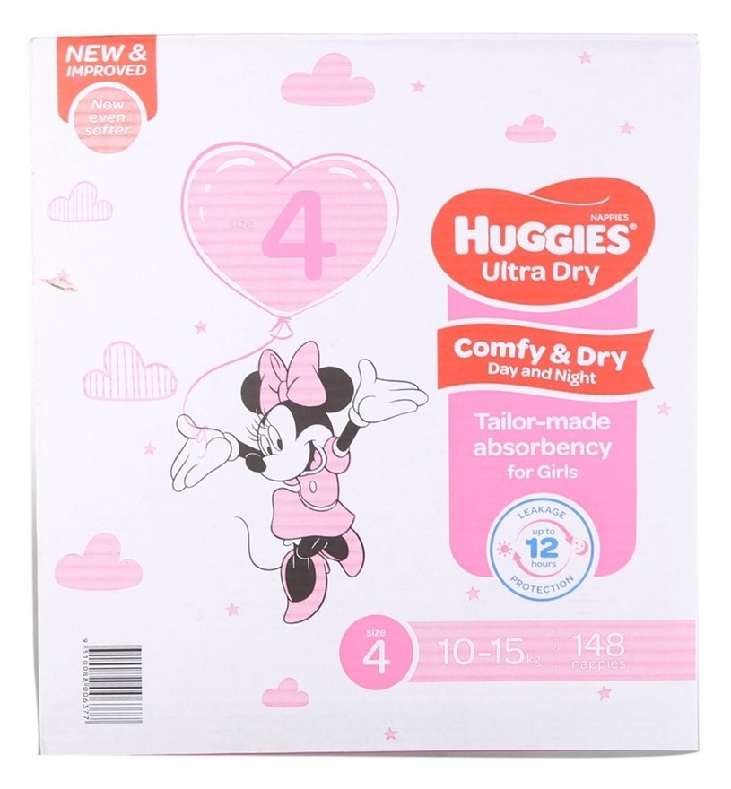 HUGGIES 148pk Ultra Dry Nappies For Girls, Size 4, 10-15kg, Minnie Mouse. N