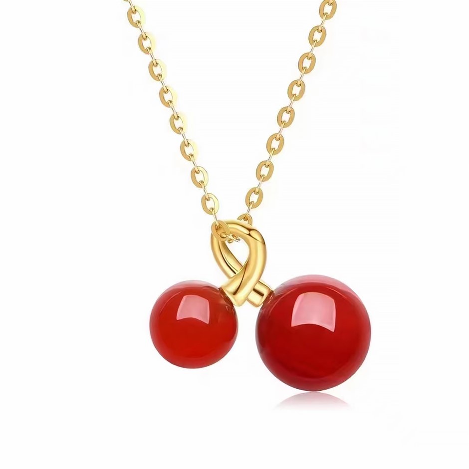 Solid 18K Yellow Gold Cherry-Natural Red Agate  pendant & Free Necklace