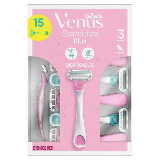 GILLETTE 15pk Venus Sensitive Plus Razors, 3 Blades, (Pink & Aqua). N.B: Da